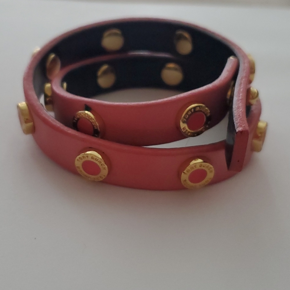 Tory Burch Pink Leather Wrap Bracelet with Gold Studs